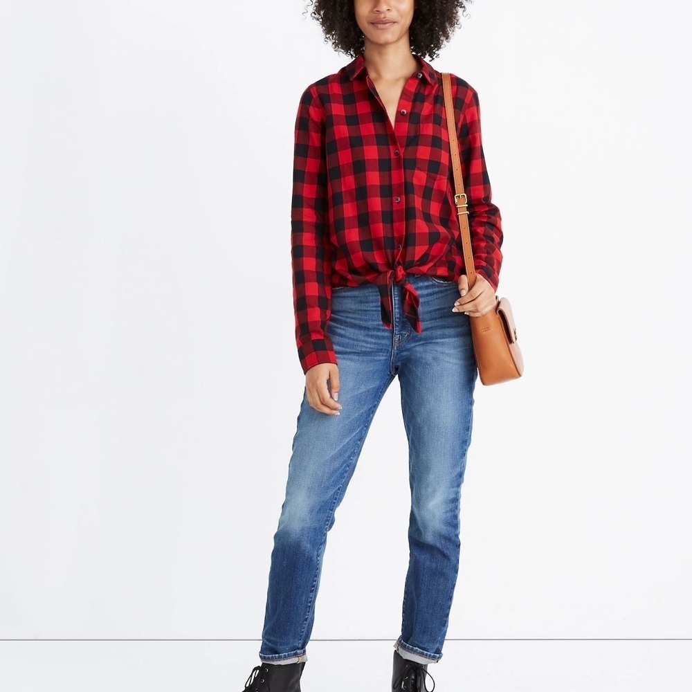 Madewell Plus Size Red Black Flannel Tie-Front Shirt in Buffalo Check Size 2X
